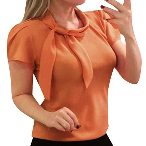 ADMAY 2023 Moda Y2kk Mujeres Noble Blusa Manga Corta Lazo Gasa Camisas Verano Camisas de Oficina Brillo Mujer, naranja, S