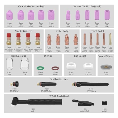 Image of 123 Pcs TIG Welding Torch Kit - Alumina Nozzle, Collets, Stubby Gas Lens #12 Heatproof Glass Cup, Consumables for WP-17 /18 /26
