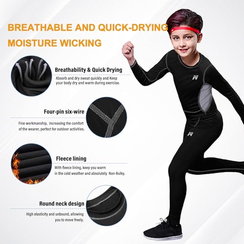 Thermal Underwear for Kids,Boys Fleece Lined Base Layer Long Johns Thermals Top and Bottom Set for Winter Skiing, Black, S - Image 2