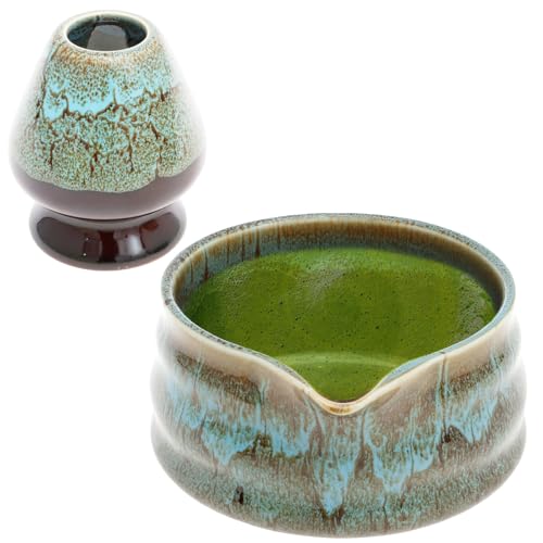 TNTGMG Matcha-Schale mit Ausgießer 2 Stück Matcha-Starter-Set aus Keramik Fassungsvermögen 500 ml Matcha-Ständer handgefertigt traditionelle Matcha-Mischschüssel für ein Matcha-Erlebnis
