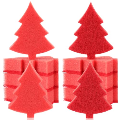 Image of Tioncy 12 Pack Christmas Tree Kitchen Sponges Bulk Red Tree Dual Sided Scrubber Sponges Dishwashing Kitchen Cleaning Accessories for Home Decor Household Supplies