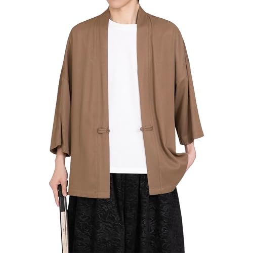 Image of PRIJOUHE Men's Kimono Jackets Cardigan Casual Cotton Blends Linen Seven Sleeve Open Front Embroidery Coat