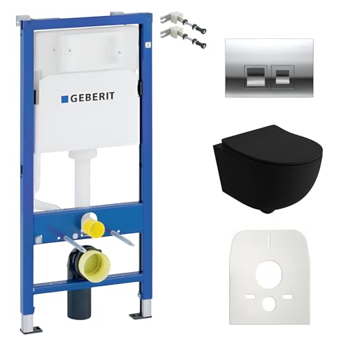 Lavita Duofix Basic Élément mural + cuvette WC murale Brava noir sans bride + abattant de WC avec système d'abaissement automatique + panneau de commande Delta 25 bouton chromé - Kit complet encastré