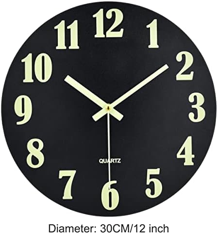 Topkey 12 Inch Luminous Wall Clock Silent Wooden Design Night Lights Round Wall Clock for Living Room and Bedroom (Battery Not Included)-Black