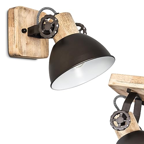 Lampada da parete Orny, spot da parete in design retrò/vintage, lampada da parete regolabile in metallo/legno in nero/marrone, 1 luce, 1 attacco E27, senza lampadina/e