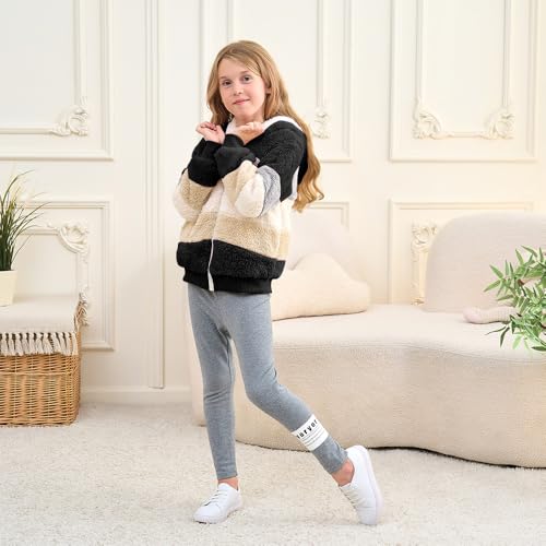 Image of Girls Zip up Hoodie Kids Fuzzy Fleece Jacket with hood Fall Winter Contrast color Pullover Sweatshirt 4-14 Years