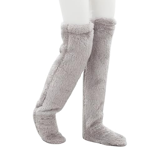 Image of Women's Winter Furry Over-the-Knee Socks, Soft Thick Breathable Leg Warmers for Home Sleeping, Winter Socks (Gray)