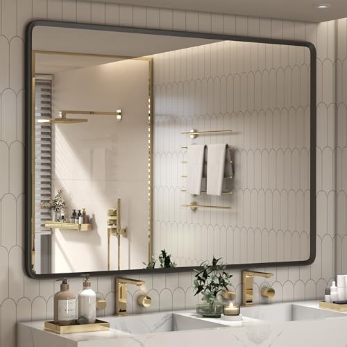 GOLOMO 55x40 Inch Black Matte Framed Mirror for Bathroom, Rounded Rectangle Mirror, Bathroom Vanity Mirror for Wall, Anti-Rust, Shatterproof (Horizontal/Vertical)