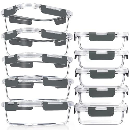 Glass Meal Prep Containers 10 Packs Food Storage Containers Airtight lunch Containers with Lids Grey for Microwave Oven Freezer and Dishwasher