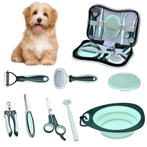 Onherm 8-teilig Tierpflegeset für Hund Katzen - mit Bürsten Haarausfall und Badebürste, Tierfellschere, Krallenschere und Krallenfeile, Doppelköpfige Zahnbürste Klappbare Fressnapf