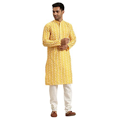 (Since 1958 Men's Silk Blend Embroidered Kurta & White Churidar Pyjama Set-image-42