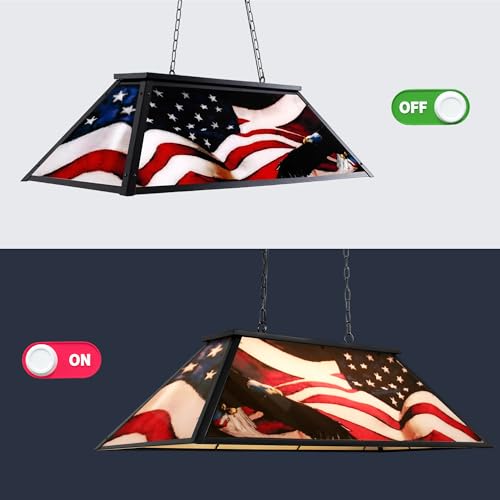 Obihivlo 4-Light Tiffany Pool Table Lamp, 43'' Billiards Light Fixture for 7'-8' Pool Table Hanging Lamp, with American Flag High Light Transmittance Shade, Suitable for Game Room, Man Cave