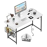 Pamray 40 inch White Computer Desk with Outlets Built-in, Home Work Office Computer Table with Under Desk Cable Management for Study Writing and Gaming