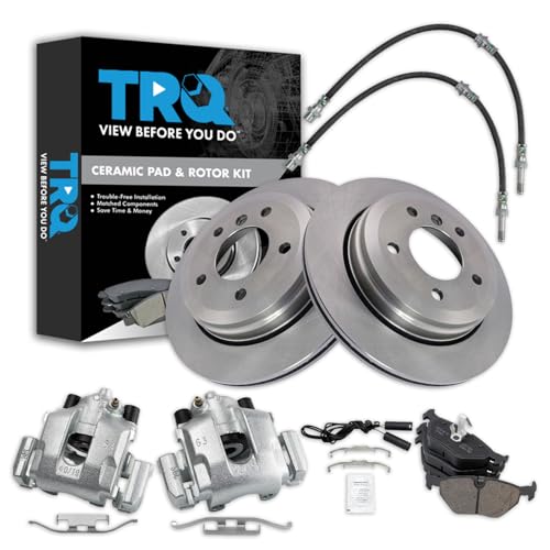 Image of TRQ Rear Brake Pad and Rotor Set Ceramic Rotors Calipers Hoses Compatible with 2001-2003 BMW 325xi