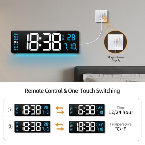 Image of Maxstar 16 inch Digital Wall Clock with Music,Large LED Display,Remote control,Dual Alarm,DST,Date,Week,Dimmer,Temperatur,Jumbo Number,Night Light for Living Room|Office|Kitchen|Farmhouse|Desk Decor(Blue)