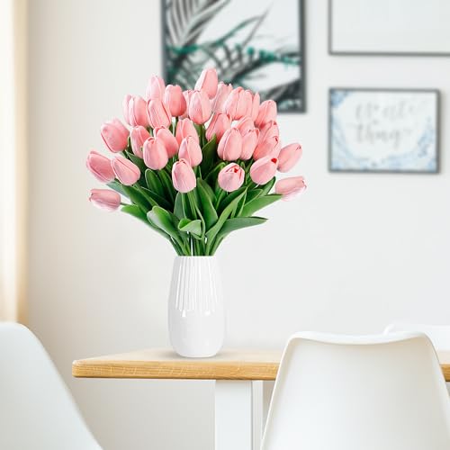 Image of Sggvecsy 30 Pcs Fake Tulips Artificial Flowers Real Touch PU Faux Flowers Tulip Stems for Wedding Spring Bouquet Floral Arrangement Home Party Office Decorations for Mother's Day (Milk Pink)