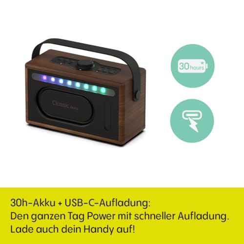 Pure Classic Aura Bluetooth-Lautsprecher 40 Watt, 30h Akku, Licht, USB-C, AUX, IPX2, 2-Wege-Stereo, EQ-Modi – Kaffeebraun mit Walnuss, Holzoptik