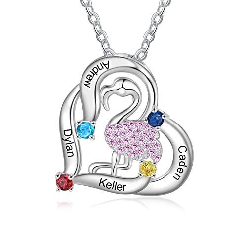 Personalized Heart Flamingo Necklace for Women 925 Silver Pendant With 2-4 Name Birthstone Engraving Mother Daughter BFF Chain Jewellery Gift For Mother's Day Valentine's Day Christmas (4 Name)