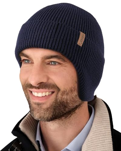 FURTALK Winter Beanie Mütze mit Ohrenklappe für Herren Damen Warm Fleece Gefüttert Strickmütze Outdoor Wintermütze Marineblau