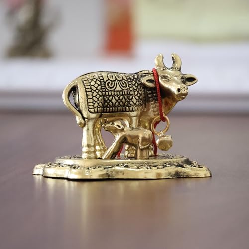 Image of KridayKraft Kamdhenu Cow with Calf Metal Rajasthani Handicrafts Decorative Showpiece for Gifting Anniversary Valentine's Day (Golden)