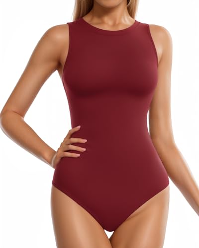 Image of MANGOPOP Tank Top Crewneck Bodysuits for Women Sleeveless Bodysuit Basic, Burgundy, XX-Large