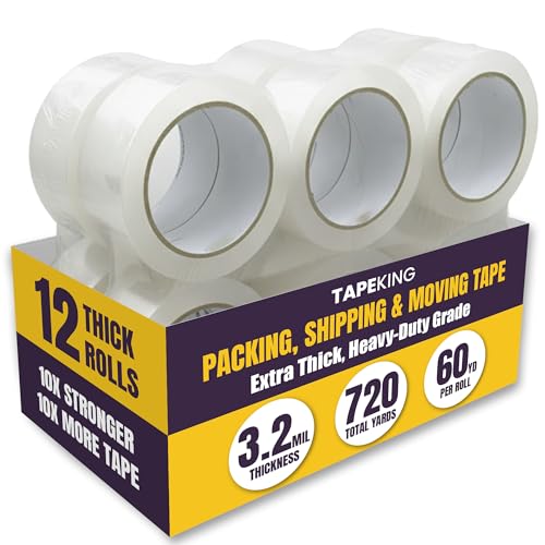 Tape King Clear Packing Tape Ultra Thick | 60 Yards Per Roll (12 Rolls) | 2 Inch Wide Heavy Duty Packing Tape 3.2mil Strong Adhesive for Moving Boxes, Shipping Cartons & Sealing (720 Yards)