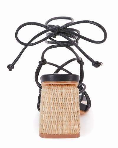 Image of PiePieBuy Women's Lace Up Chunky Braided Heel Sandals Square Toe Strappy Ankle Strap Heels