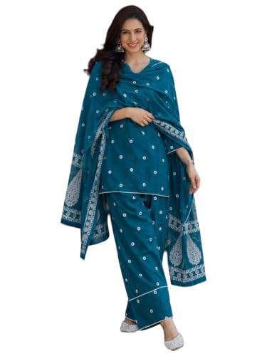 Image of ANNI DESIGNER Farshi Salwar Suit for Women | Cotton Blend Printed Straight Kurta with Dupatta | Farsi Farasi Parsi Ethnic Indian Office Party Wedding Clothing Fashion Premium Traditional Look 3 Piece