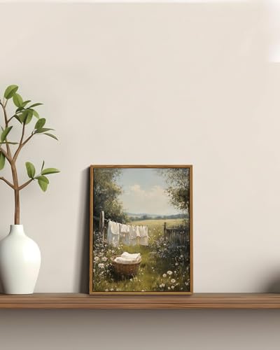 Image of KISSFOX Vintage Framed Wall Art For Laundry Room Decor Country Landscape Pictures Wall Decor Rustic Summer Wildflower Canvas Art Prints Modern Farmhouse Paintings Artwork