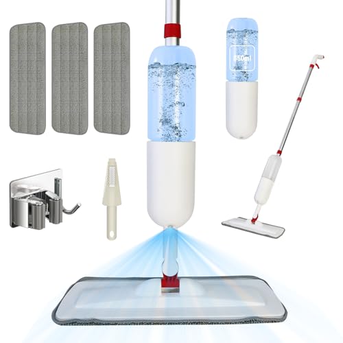 Bizcasa Mopa Fregona con Pulverizador, Mopas de Limpieza Suelos con depósito Spray Mop Fregona Microfibra para el hogar, Cocina, Madera Dura, laminados, Azulejos (Blanco - 650 ml - 3 pcs Pads)