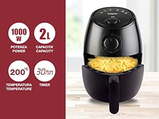 BEPER P101FRI001 Friggitrice ad aria calda, Senza Olio, Timer e Temperatura regolabile, Recipiente e griglia rimovibili, Capacità 2 litri, Potenza 1000 Watt, Nero