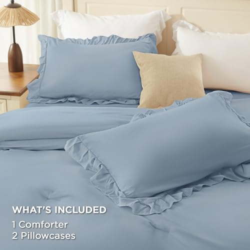 Andency Grayish Blue Full Size Comforter Set, 3 Pieces Lightweight Fluffy Shabby Chic Ruffle Bedding Comforter Sets, All Season Soft Polyester Bed Set for Kids, Boys, Men(79x90Inch) by Andency - Image 7