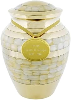 Custom Engraved Mother of Pearl Double Band Brass Cremation Urn for Ashes, Gold Urn, Adult Sized Cremation Urn, 9.75 Inches High