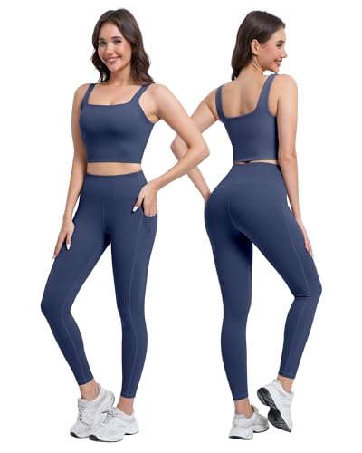 3 Piece Workout Sets for Women High Waisted Leggings with Pockets Tummy Control Biker Shorts Yoga Sports Bra3