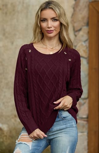 GRECERELLE Pullover Damen Elegant Strick Winter Klassische Langarm Rundhals Tops Strickpullover Damen Sweater Herbst (Weinrot, XL)