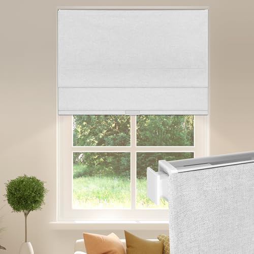 Allesin Zen Cordless Roman Shades for Windows, Blackout Thermal Insulated Room Darkening Window Blinds, No Drill No Tools Easy Install, Linen Fabric, Fits Bedroom, 34" W x 64" H, White