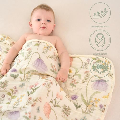 Image of 6-Layer Muslin Baby Blanket Made with Organic Cotton - Enchanting Woodland Garden,Swaddle & Crib Quilt, 43 inch x 43 inch,Garden(Gender Neutral) (Pack of 2)