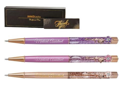 InnoBeta Medical Assistant Gifts for Wowen, Floral Glitter Ballpoint Pen Set of 3, Gift Ideas on Birthday, Christmas