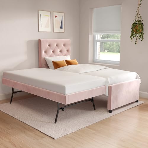 Isabel Single Pink Velvet Guest Bed with Trundle