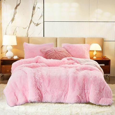 Luxury Faux Fur Shaggy Comforter Set Full/Queen Size, Plush & Sherpa Reversible Comforter Pink, 3 Pieces Fluffy Fuzzy Bedding Set Ultra Soft and Warm for Winter (1 Comforter + 2 Pillowcases) Cover