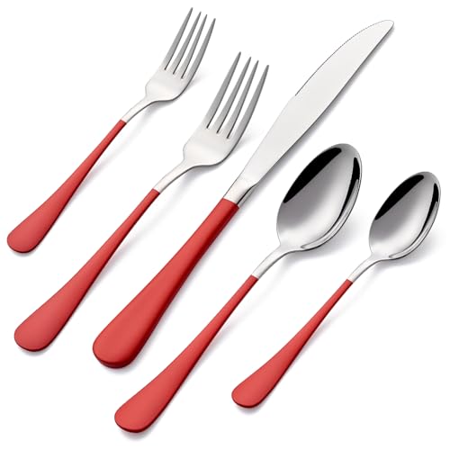 DINYWOW 20-Pieces Red Silverware Sets for 4,Red Handle Stainless Steel Cutlery Set, Include Forks Spoons and Knives Set, Dishwasher Safe Utensil Sets for Home Restaurant
