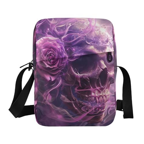 Crossbody Bag 7gothic Skull Purple Rose Flower Messenger Bag for Women Men Purse Shoulder Bag Satchel Bag with Adjustable Strap 214B601