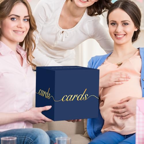 Image of Navy Blue Card Box Gold Foil Wedding Favors Gift Card Boxes Post Box Receiving Money Box Holder for Wedding Reception, Baby Showers, Anniversary, Birthday Party, Retirement, Graduation Envelope Holder