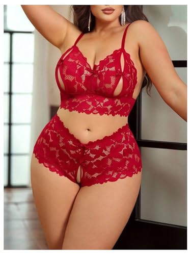 Image of MakeMeChic Women's Plus Size Lingerie Sets Contrast Lace Cut Out Wireless Bra and Panty Set