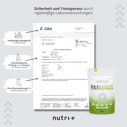 Nutri + EAA Powder Ice-Tea Peach 500 g - vegan + hochdosiert - alle essenzielle Aminosäuren - Eistee-Pfirsich Geschmack EAAs Essential… – Ansicht 5