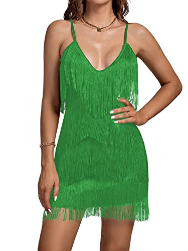 Image of Umenlele Women's Layered Fringe Deep V Neck Cami Mini Dress Sleeveless Tassels Flapper Dresses