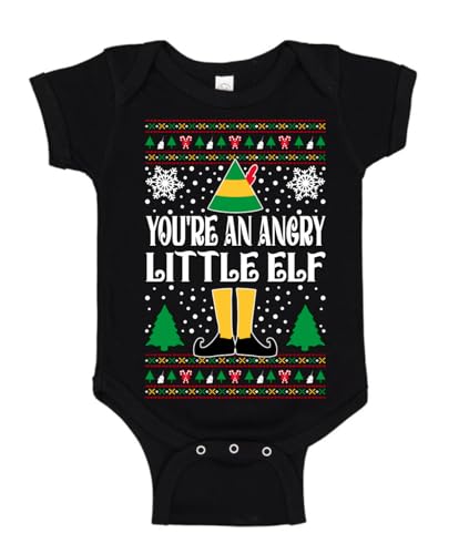You're an Angry Little Elf Christmas Movie Quote Christmas Baby Creeper Boys Girls Infant Bodysuit, Black, 12M