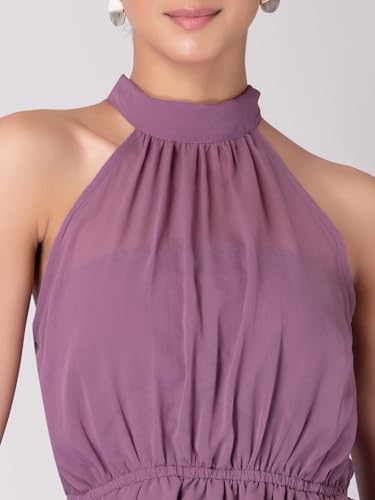 Image of FabAlley Women's Solid Regular Fit Purple Halter Neck Back Tie Up Peplum Blouse
