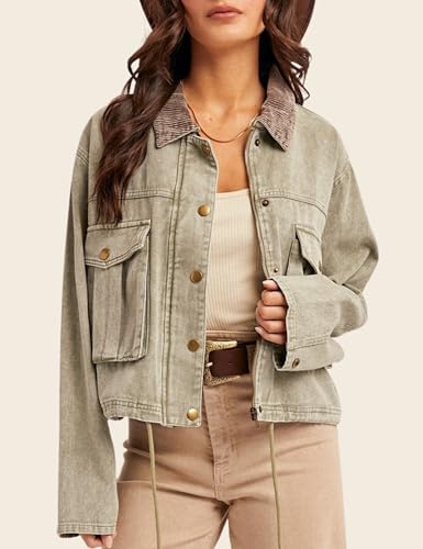 Esmeling Women Contrast Button Down Jacket Lapel Collar Long Sleeve Outwear Cropped Coat with Pocket4