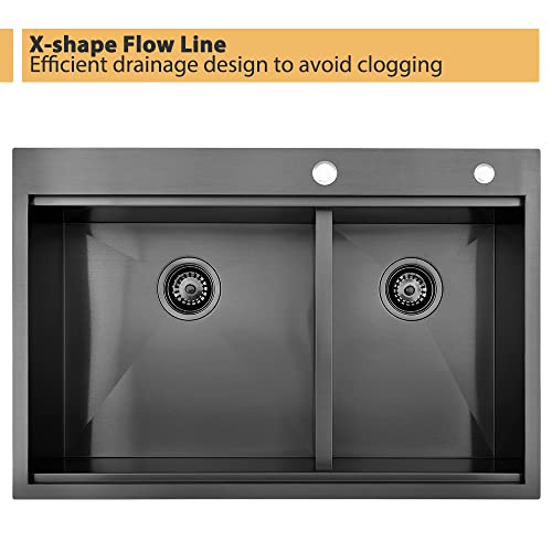 33 Inch Black Drop In Double Bowl Kitchen Sink Workstation-Bokaiya 33X22 Drop In Kitchen Sink Topmount 16 Gauge Gunmetal Black Stainless Steel 60/40 Low Divide Double Kitchen Sink #TOP5